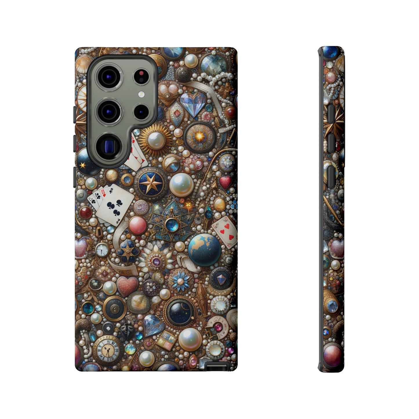 Celestial & Vintage Charms Mosaic Phone Case with Pearls and Gemstones- Phone Case