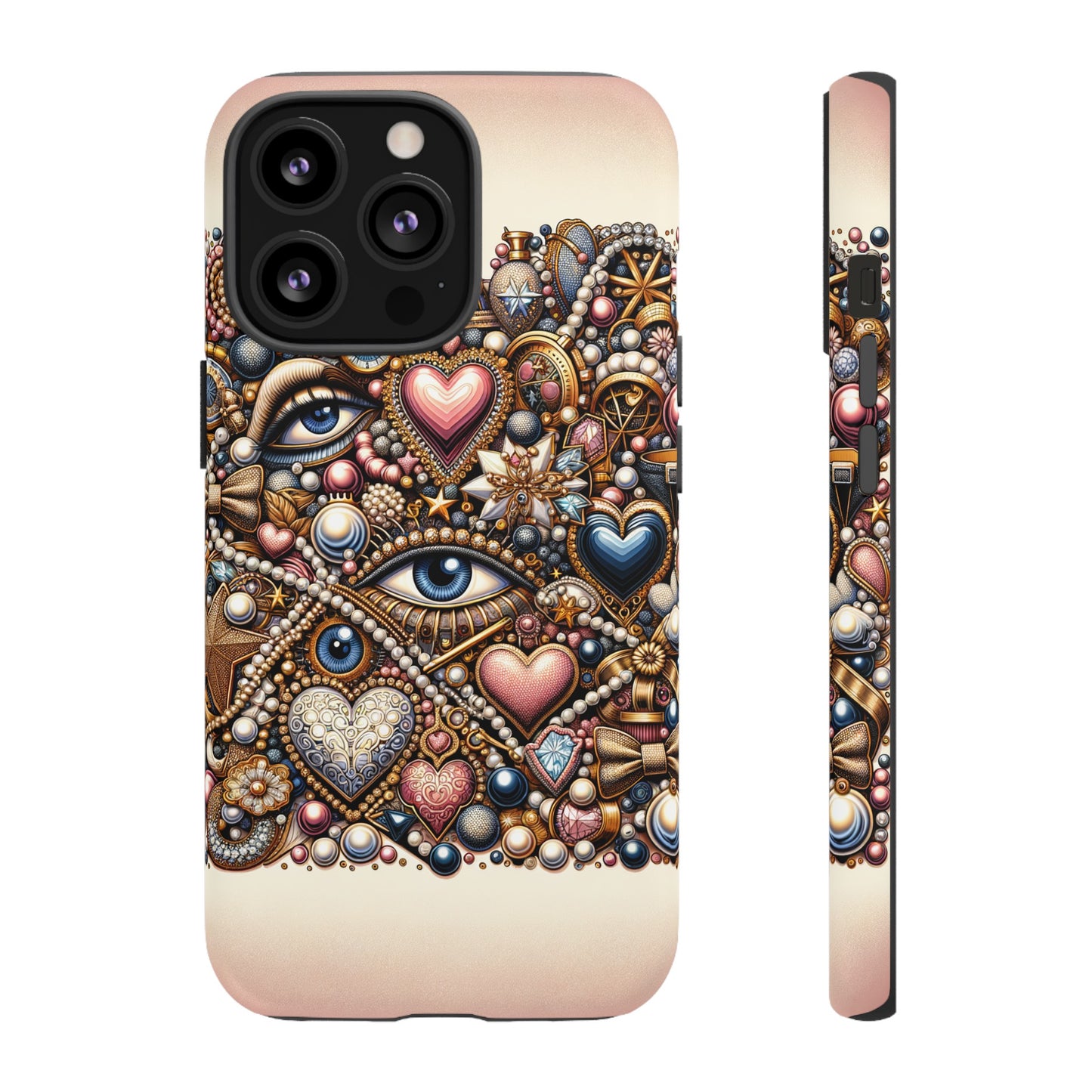 Whimsical Hearts Bows and Pearls Custom Phone Case with Gold Accents- Phone Case