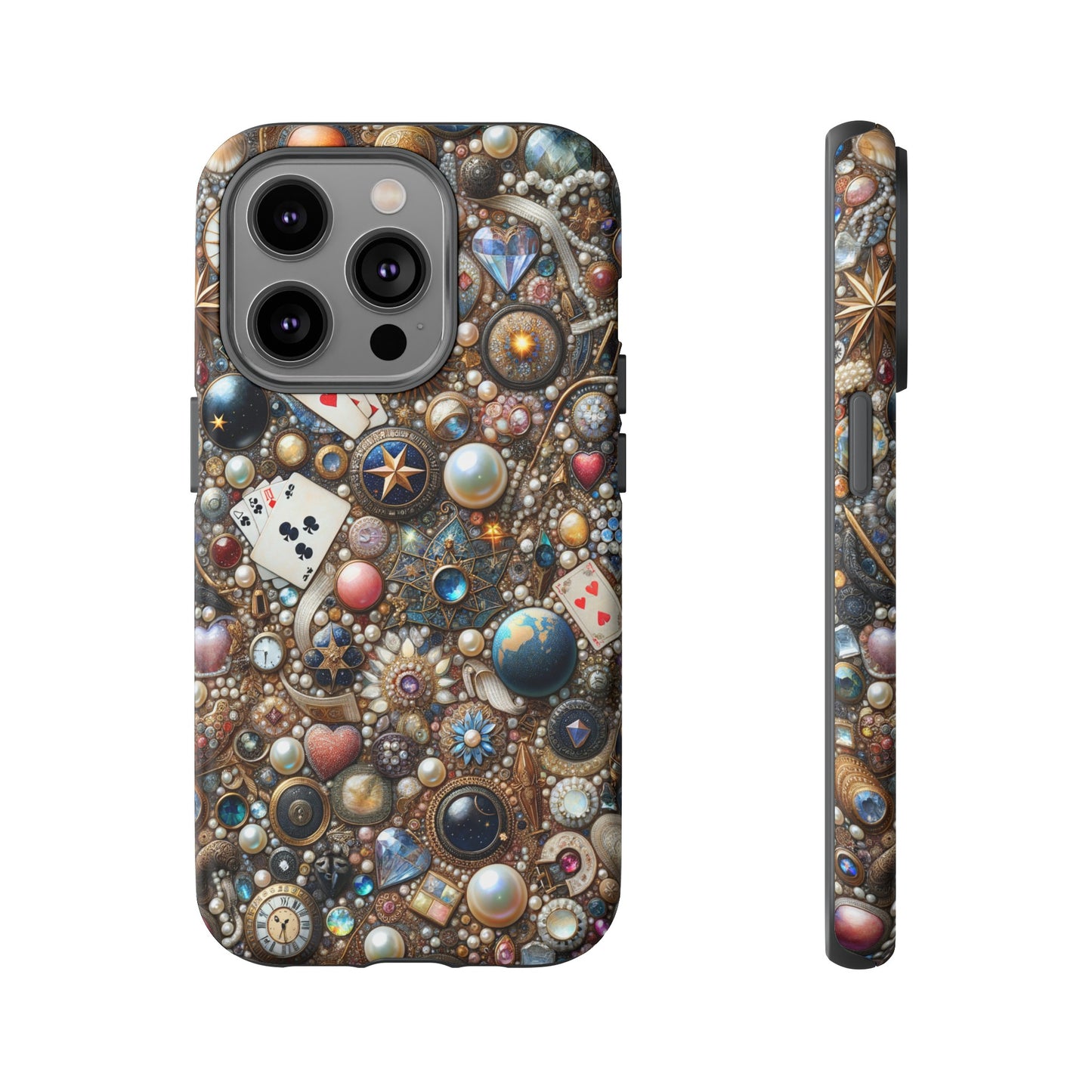 Celestial & Vintage Charms Mosaic Phone Case with Pearls and Gemstones- Phone Case