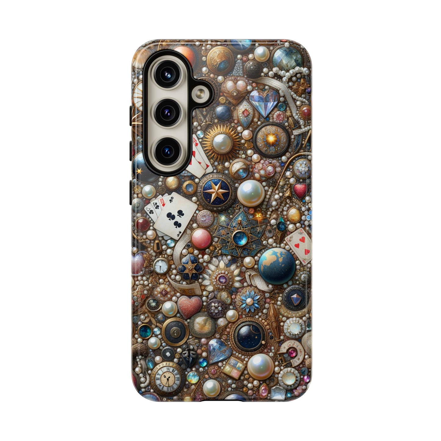 Celestial & Vintage Charms Mosaic Phone Case with Pearls and Gemstones- Phone Case